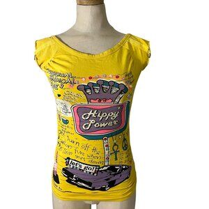 Pink Fly t shirt yellow cap sleeve hippy power women's S